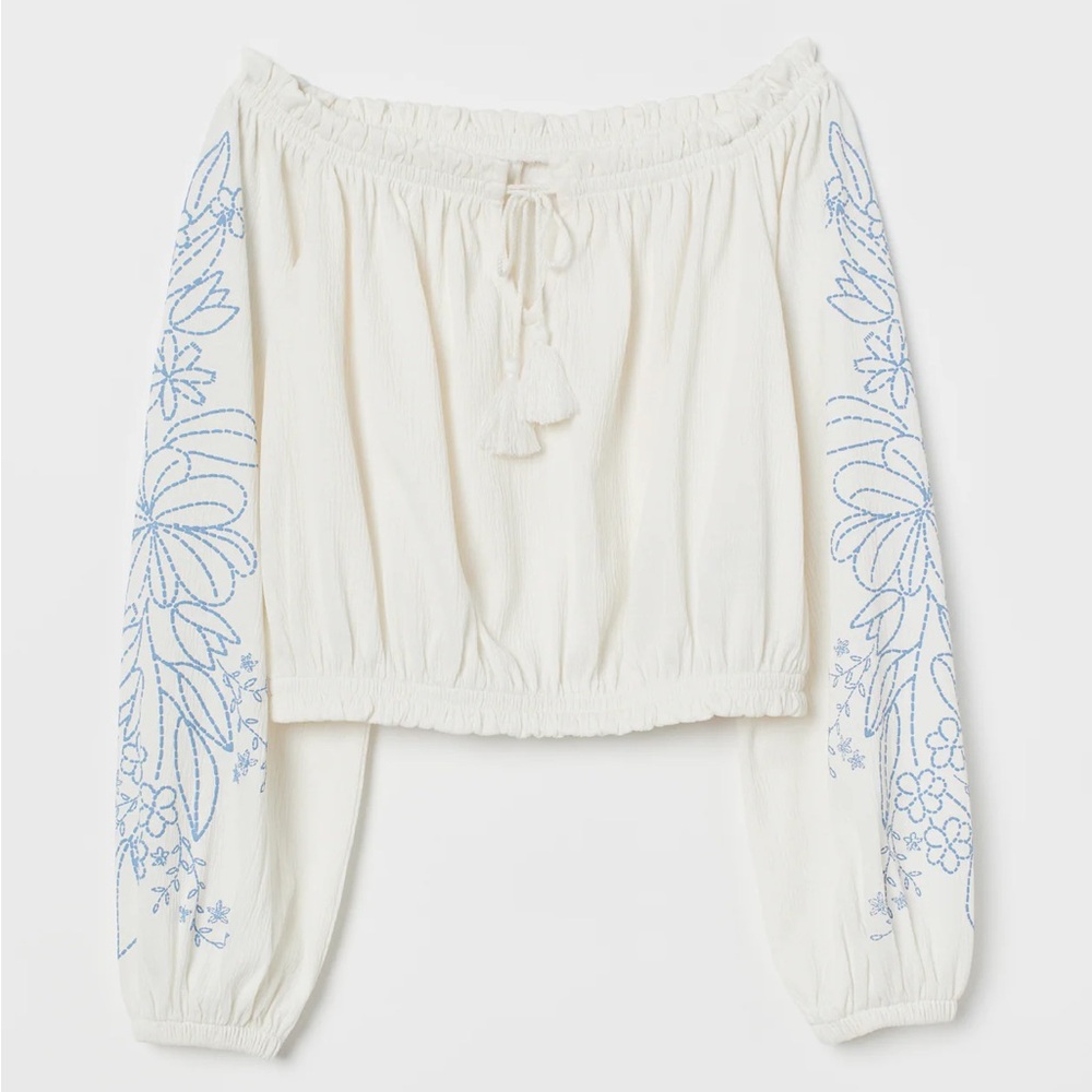 H&M White Smocked Tie Front Crop Blouse with Embroidered Sleeves